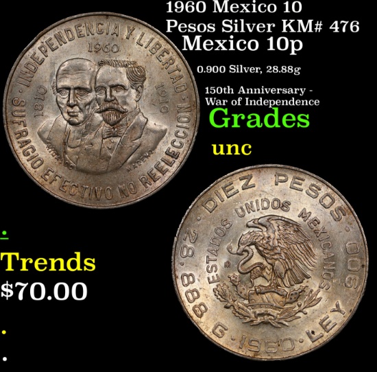 1960 Mexico 10 Pesos Silver KM# 476 Grades Brilliant Uncirculated