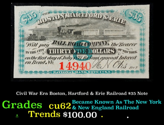 Civil War Era Boston, Hartford & Erie Railroad $35 Note Grades Select CU
