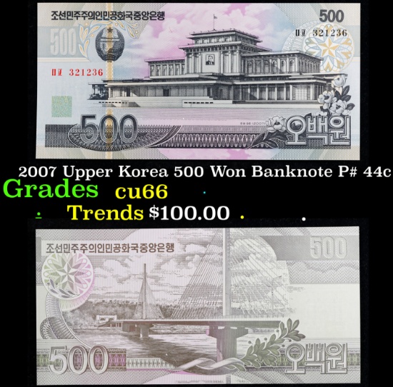 2007 Upper Korea 500 Won Banknote P# 44c Grades Gem+ CU