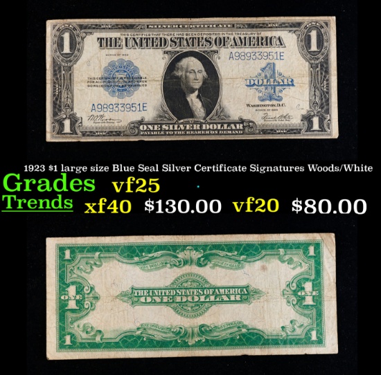 1923 $1 large size Blue Seal Silver Certificate Grades vf+ Signatures Woods/White