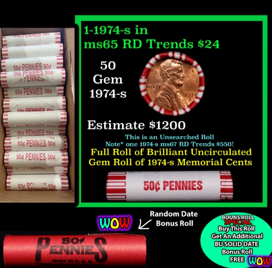THIS AUCTION ONLY! BU Shotgun Lincoln 1c roll, 1974-s 50 pcs Plus one bonus random date BU roll! Ban