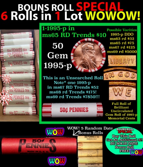 THIS AUCTION ONLY! BU Shotgun Lincoln 1c roll, 1995-p 50 pcs Plus FIVE bonus random date BU roll! Ba