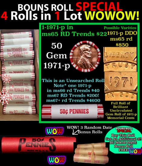 THIS AUCTION ONLY! BU Shotgun Lincoln 1c roll, 1971-p 50 pcs Plus THREE bonus random date BU roll! B
