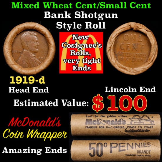 Lincoln Wheat Cent 1c Mixed Roll Orig Brandt McDonalds Wrapper, 1919-d end, Wheat other end