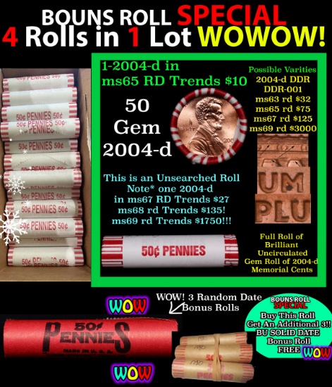 THIS AUCTION ONLY! BU Shotgun Lincoln 1c roll, 2004-d 50 pcs Plus THREE bonus random date BU roll! B