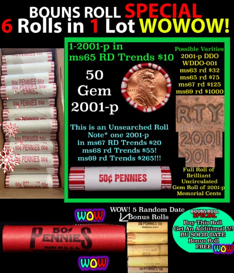 THIS AUCTION ONLY! BU Shotgun Lincoln 1c roll, 2001-p 50 pcs Plus FIVE bonus random date BU roll! Ba