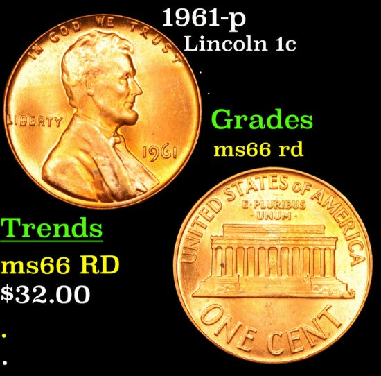1961-p Lincoln Cent 1c Grades GEM+ Unc RD
