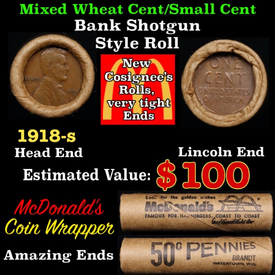 Lincoln Wheat Cent 1c Mixed Roll Orig Brandt McDonalds Wrapper, 1918-s end, Wheat other end