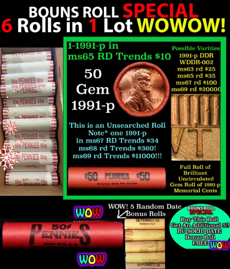 THIS AUCTION ONLY! BU Shotgun Lincoln 1c roll, 1991-p 50 pcs Plus FIVE bonus random date BU roll! Ba