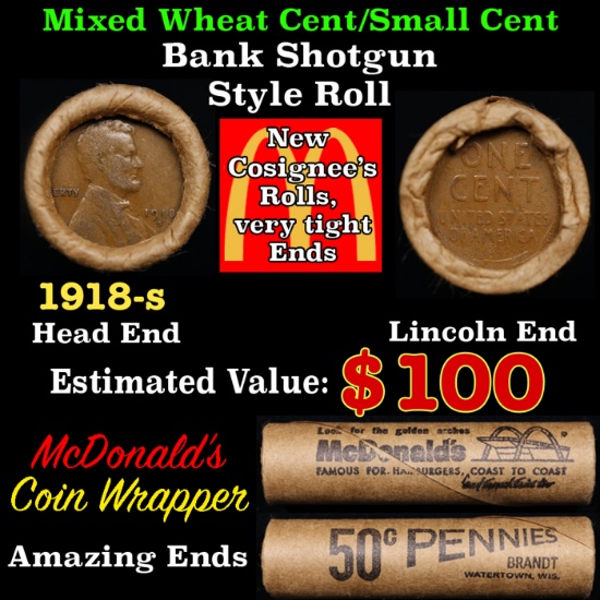 Lincoln Wheat Cent 1c Mixed Roll Orig Brandt McDonalds Wrapper, 1918-s end, Wheat other end