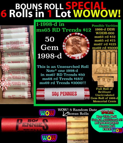 THIS AUCTION ONLY! BU Shotgun Lincoln 1c roll, 1998-d 50 pcs Plus FIVE bonus random date BU roll! Ba