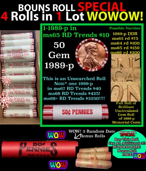 THIS AUCTION ONLY! BU Shotgun Lincoln 1c roll, 1989-p 50 pcs Plus THREE bonus random date BU roll! B