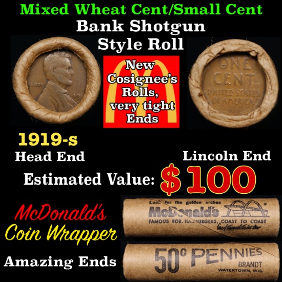 Lincoln Wheat Cent 1c Mixed Roll Orig Brandt McDonalds Wrapper, 1919-s end, Wheat other end