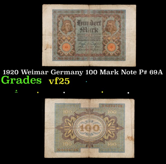 1920 Weimar Germany 100 Mark Note P# 69A Grades vf+