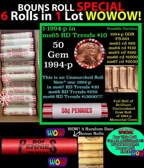THIS AUCTION ONLY! BU Shotgun Lincoln 1c roll, 1994-p 50 pcs Plus FIVE bonus random date BU roll! Ba