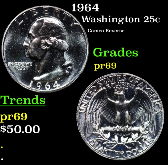 Proof 1964 Washington Quarter 25c Grades GEM++ Proof