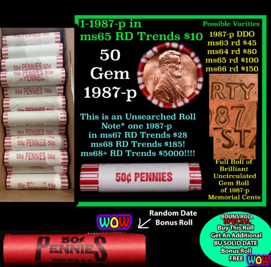 THIS AUCTION ONLY! BU Shotgun Lincoln 1c roll, 1987-p 50 pcs Plus one bonus random date BU roll! Ban