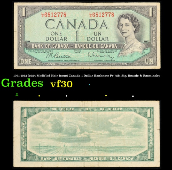 1961-1972 (1954 Modified Hair Issue) Canada 1 Dollar Banknote P# 75b, Sig. Beattie & Rasminsky Grade