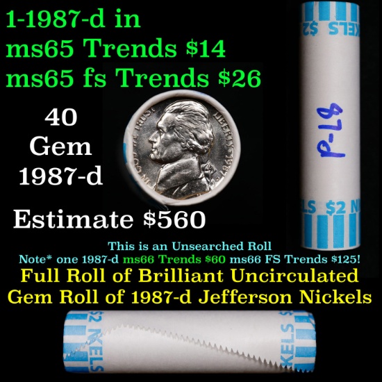 BU Shotgun Jefferson 5c roll, 1987-d 40 pcs Bank $2 Nickel Wrapper
