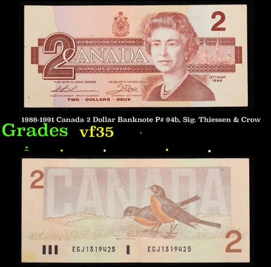 1986-1991 Canada 2 Dollar Banknote P# 94b, Sig. Thiessen & Crow Grades vf++