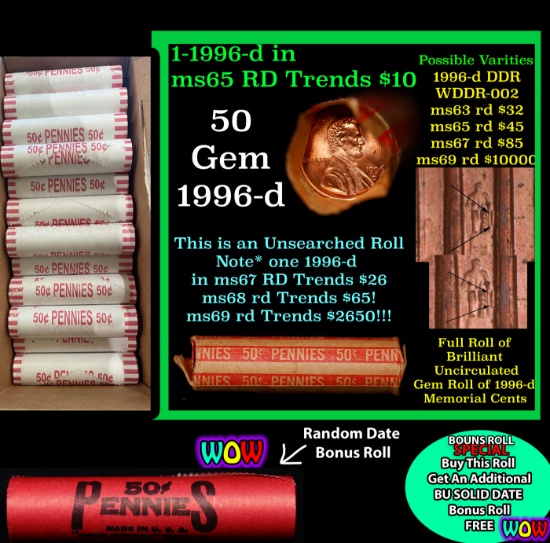 THIS AUCTION ONLY! BU Shotgun Lincoln 1c roll, 1996-d 50 pcs Plus one bonus random date BU roll! Ban