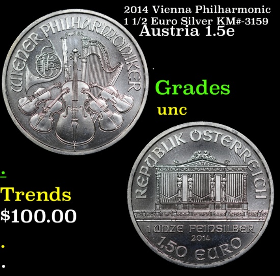 2014 Vienna Philharmonic 1 1/2 Euro Silver KM#?3159 Grades Brilliant Uncirculated