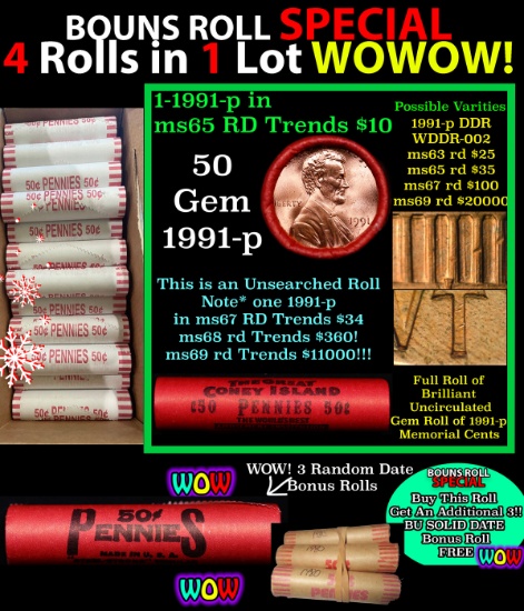 THIS AUCTION ONLY! BU Shotgun Lincoln 1c roll, 1991-p 50 pcs Plus THREE bonus random date BU roll! B
