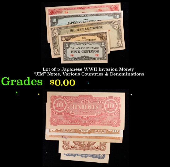 Lot of 5 Japanese WWII Invasion Money "JIM" Notes, Various Countries & Denominations Grades