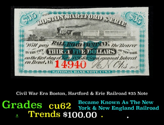 Civil War Era Boston, Hartford & Erie Railroad $35 Note Grades Select CU