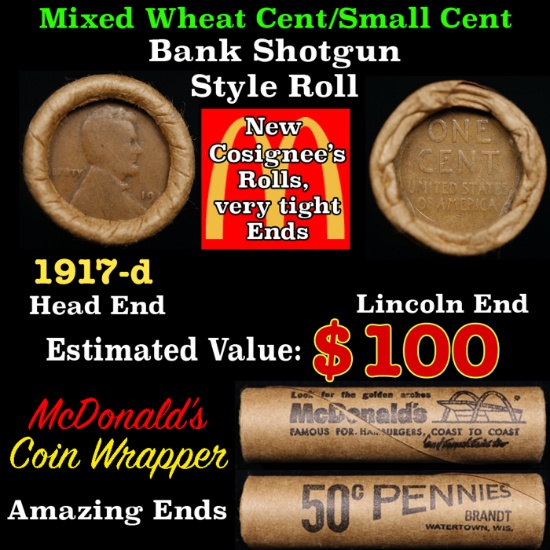 Lincoln Wheat Cent 1c Mixed Roll Orig Brandt McDonalds Wrapper, 1917-d end, Wheat other end