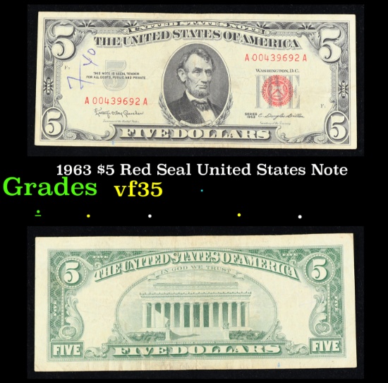 1963 $5 Red Seal United States Note Grades vf++