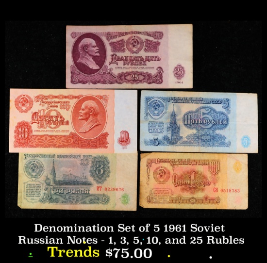 Denomination Set of 5 1961 Soviet Russian Notes - 1, 3, 5, 10, and 25 Rubles