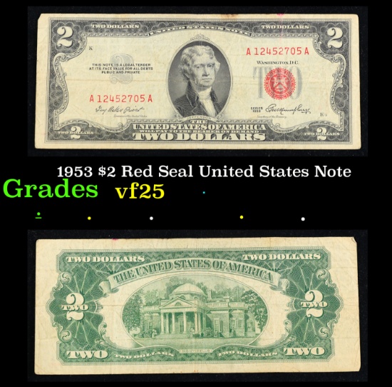 1953 $2 Red Seal United States Note Grades vf+