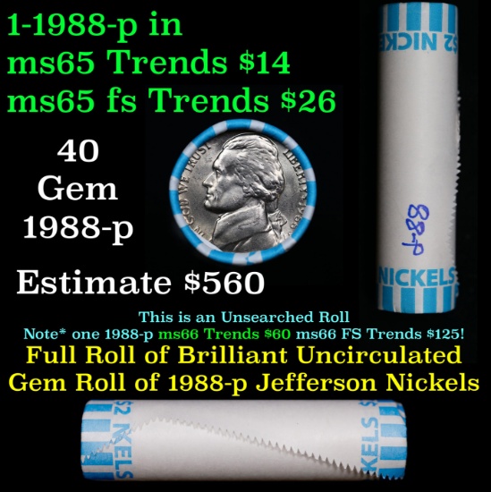 BU Shotgun Jefferson 5c roll, 1988-p 40 pcs Bank $2 Nickel Wrapper
