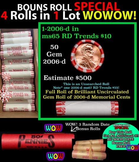 THIS AUCTION ONLY! BU Shotgun Lincoln 1c roll, 2006-d 50 pcs Plus THREE bonus random date BU roll! B