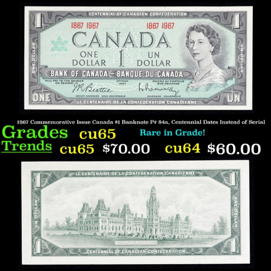 1967 Commemorative Issue Canada $1 Banknote P# 84a, Centennial Dates Instead of Serial Grades Gem CU