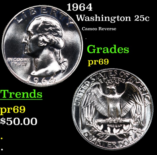Proof 1964 Washington Quarter 25c Grades GEM++ Proof