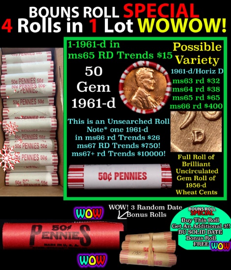 THIS AUCTION ONLY! BU Shotgun Lincoln 1c roll, 1961-d 50 pcs Plus THREE bonus random date BU roll! B