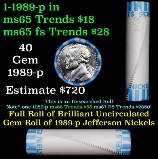 BU Shotgun Jefferson 5c roll, 1989-p 40 pcs Bank $2 Nickel Wrapper