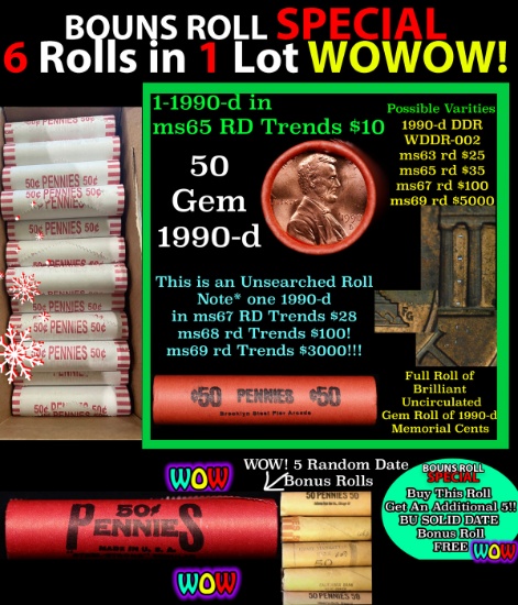 THIS AUCTION ONLY! BU Shotgun Lincoln 1c roll, 1990-d 50 pcs Plus FIVE bonus random date BU roll! Ba