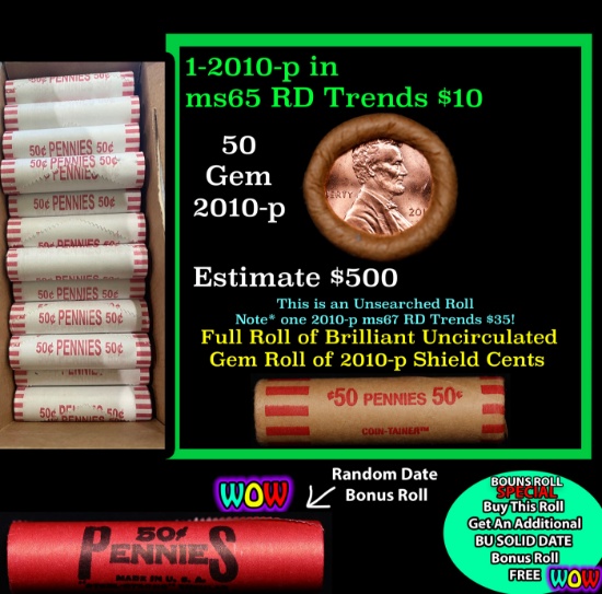 THIS AUCTION ONLY! BU Shotgun Lincoln 1c roll, 2010-p 50 pcs Plus one bonus random date BU roll! Ban