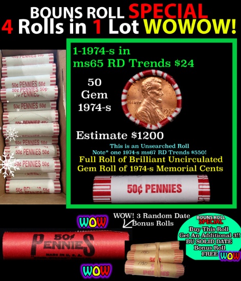 THIS AUCTION ONLY! BU Shotgun Lincoln 1c roll, 1974-s 50 pcs Plus THREE bonus random date BU roll! B