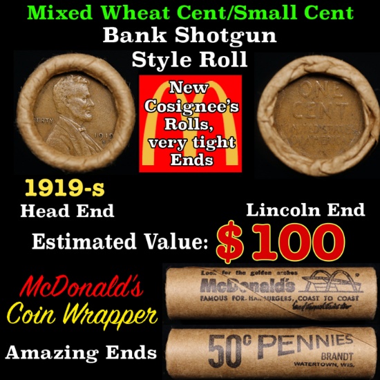 Lincoln Wheat Cent 1c Mixed Roll Orig Brandt McDonalds Wrapper, 1919-s end, Wheat other end
