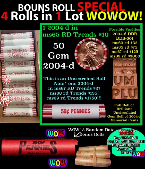 THIS AUCTION ONLY! BU Shotgun Lincoln 1c roll, 2004-d 50 pcs Plus THREE bonus random date BU roll! B