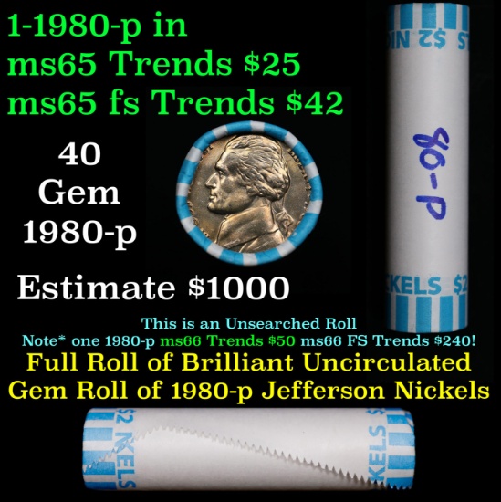 BU Shotgun Jefferson 5c roll, 1980-p 40 pcs Bank $2 Nickel Wrapper
