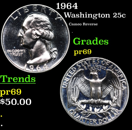 Proof 1964 Washington Quarter 25c Grades GEM++ Proof