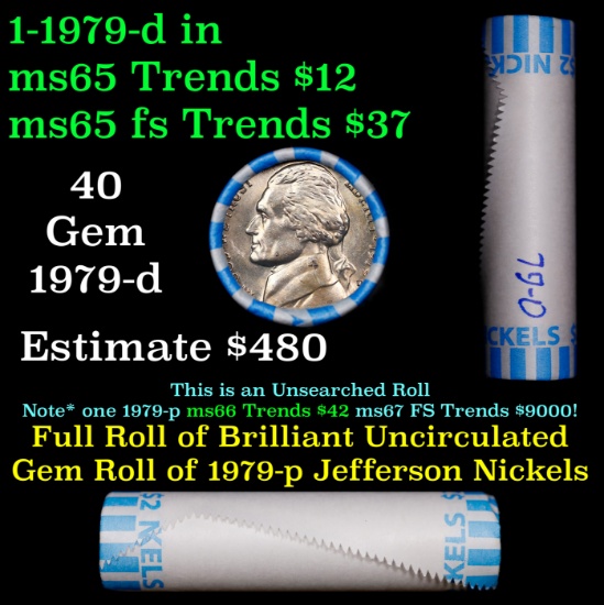 BU Shotgun Jefferson 5c roll, 1979-d 40 pcs Bank $2 Nickel Wrapper