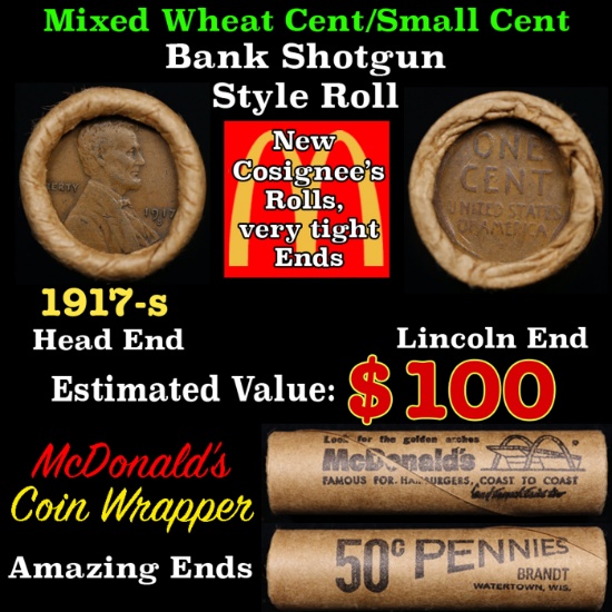 Lincoln Wheat Cent 1c Mixed Roll Orig Brandt McDonalds Wrapper, 1917-s end, Wheat other end