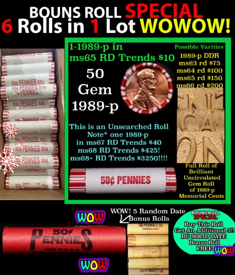 THIS AUCTION ONLY! BU Shotgun Lincoln 1c roll, 1989-p 50 pcs Plus FIVE bonus random date BU roll! Ba