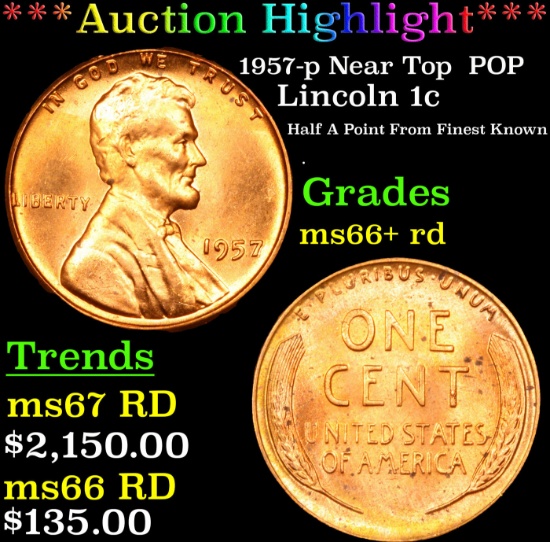 1957-p Lincoln Cent Near Top  POP 1c Graded GEM++ RD By USCG